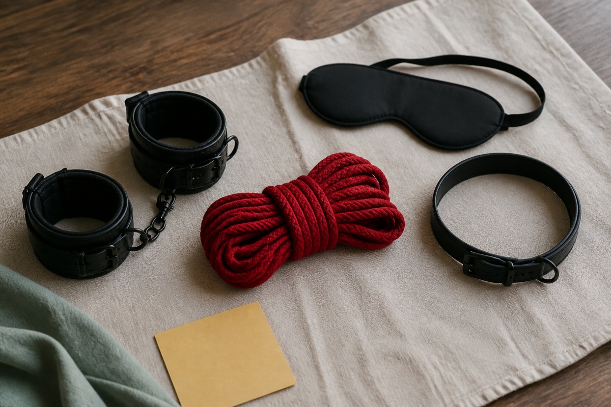 Black cuffs, a blindfold, a collar and coiled red rope arranged on cream linen