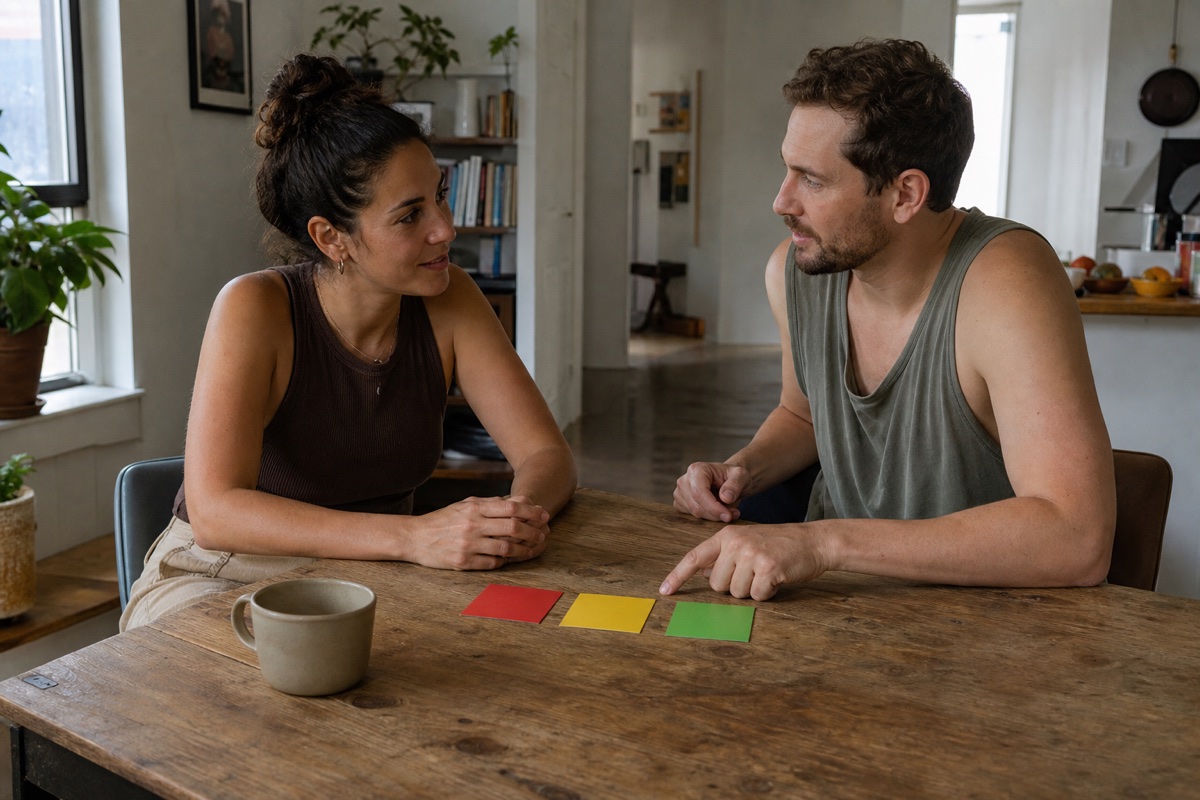 Two adults talking at a table beside plain red, yellow and green cards
