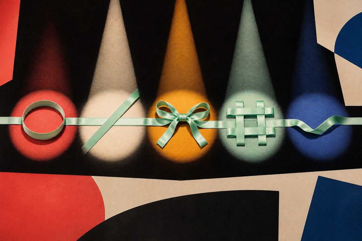 One mint ribbon crossing five pools of light and changing from a circle to a diagonal, bow, grid, and soft curve