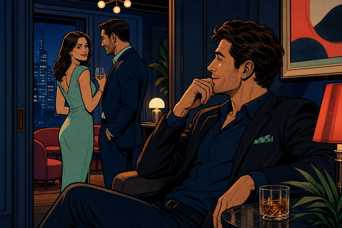 An adult man watches attentively while his female partner talks with another adult man in a lounge.
