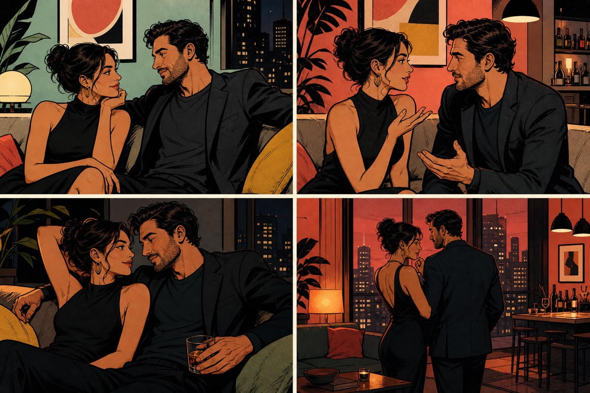 Four comic panels of the same clearly adult couple moving from flirtation and conversation toward a more charged private moment