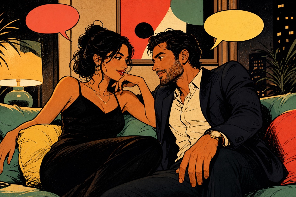 A clearly adult couple exchanging a playful private sentence while sitting close together at night