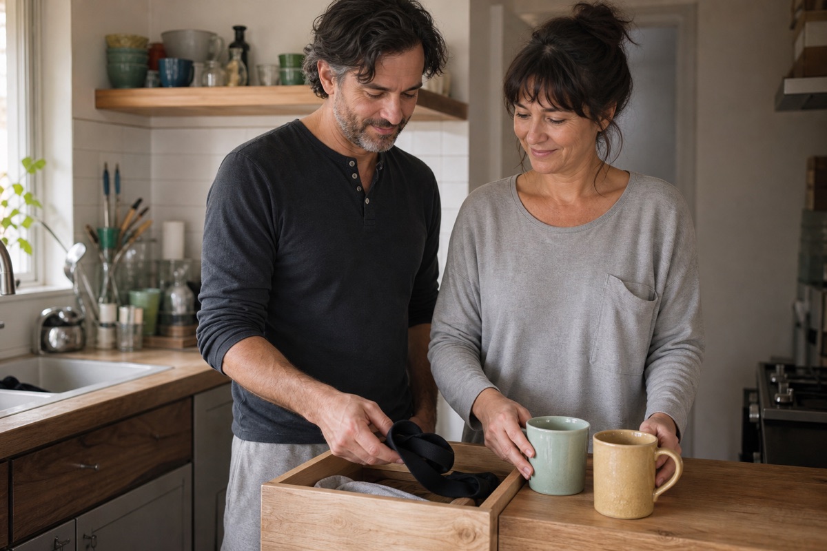Two adults putting away a black fabric collar beside two mugs in a lived-in kitchen
