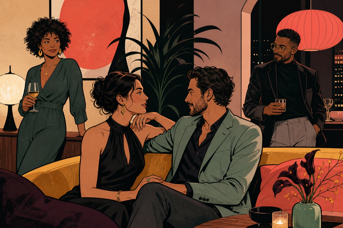 Four stylish adults sharing conversation and attraction at an evening gathering