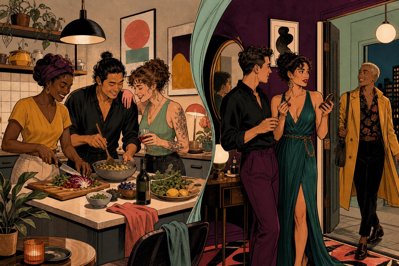 On one side, three adults cook together; on the other, a couple welcomes another adult before a night out