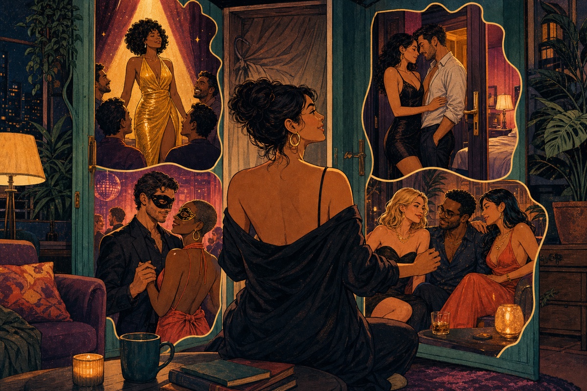 A clearly adult woman imagines four different scenes: being admired, meeting a partner at a hotel, masked dancing, and shared attention among three adults