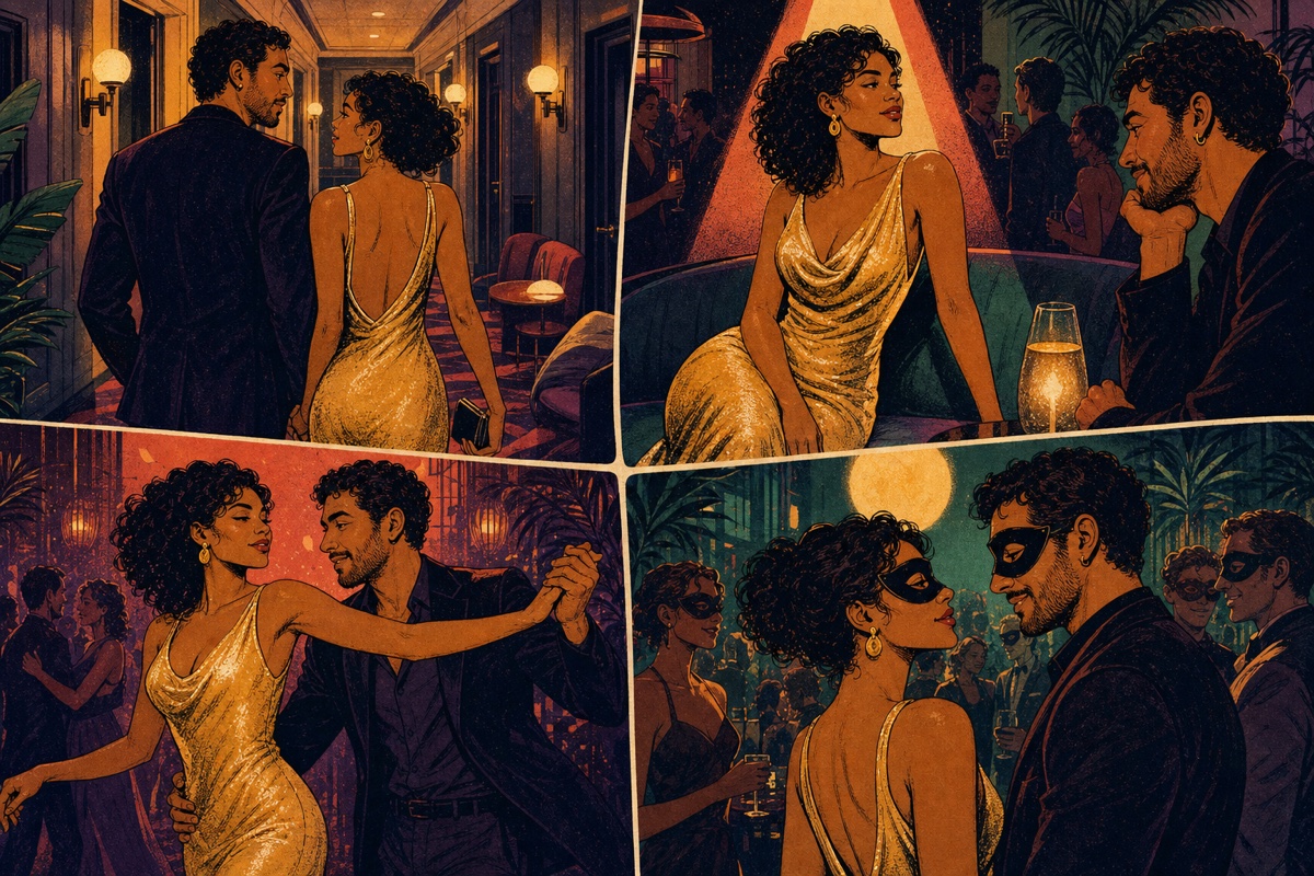 The same clearly adult couple appears in four hotel-night scenes shaped by setting, admiration, leading a dance, and being noticed at a masked party