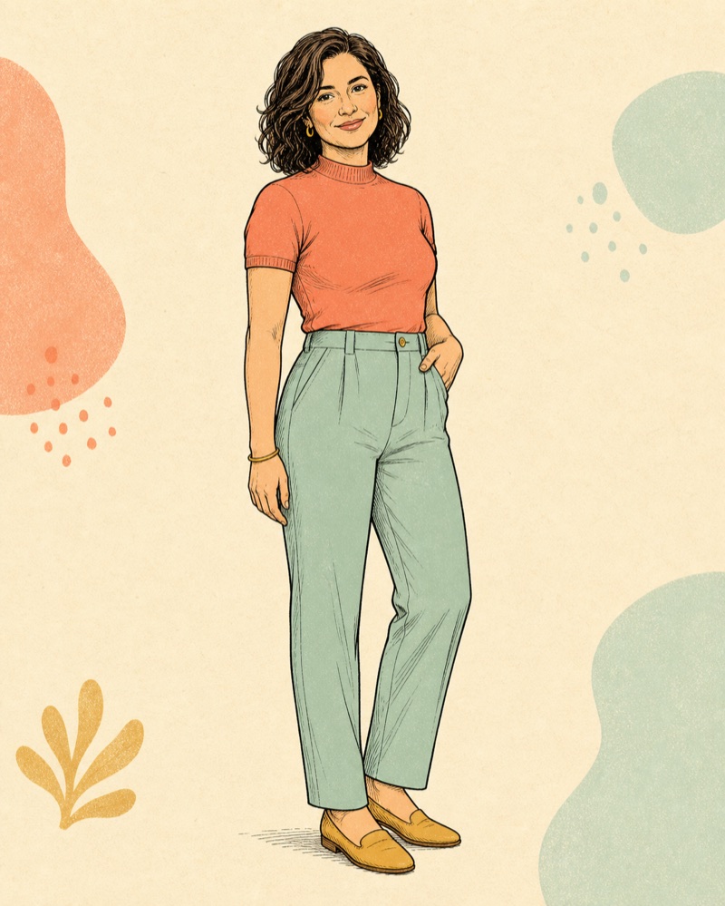 A fully clothed adult woman stands in a relaxed three-quarter pose for an annotated attraction map