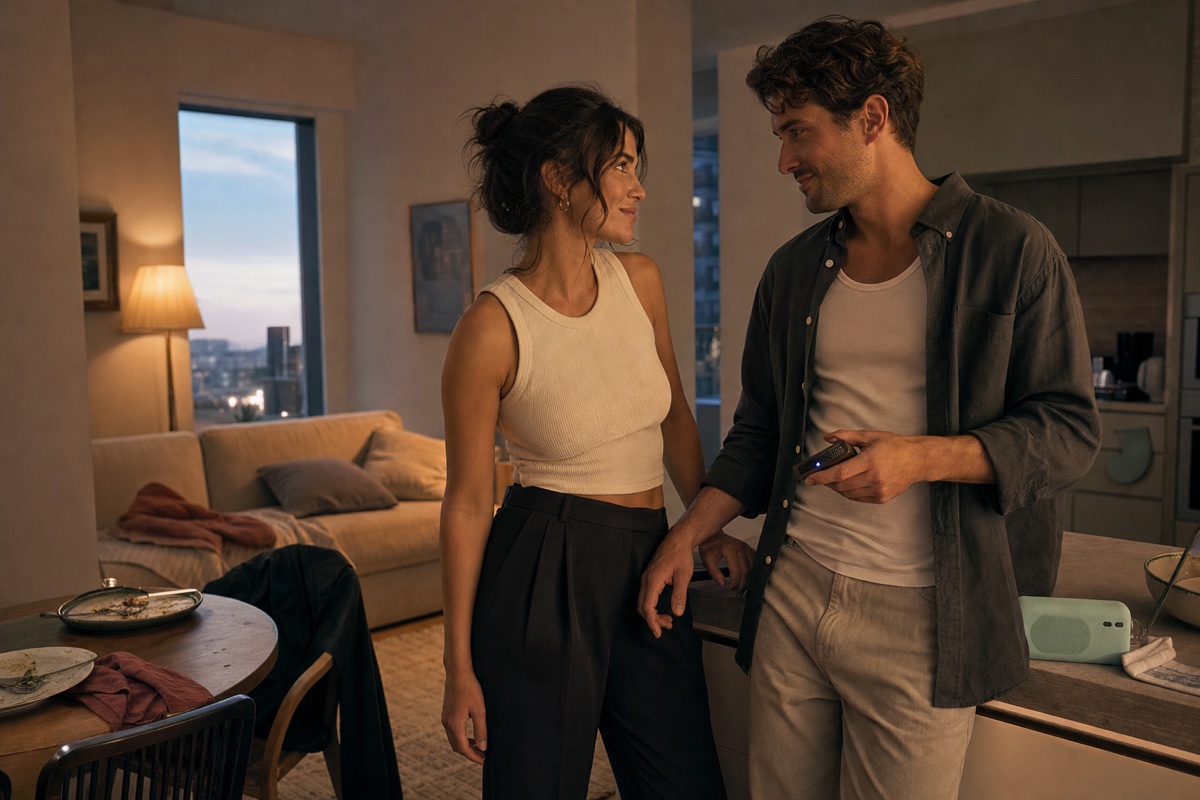 A clearly adult couple exchanging a flirtatious look in their apartment after dinner, with one hand brushing the other’s wrist
