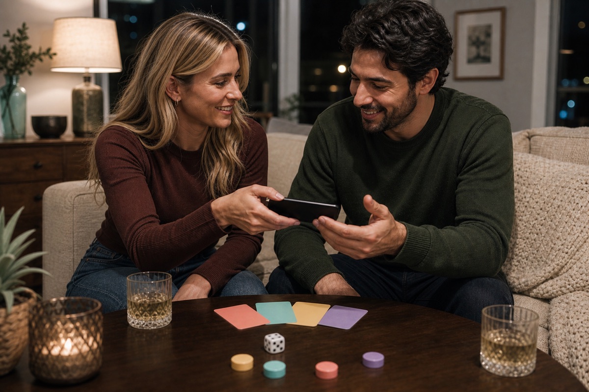 A clearly adult couple sharing a phone beside blank colored game cards, a die, and tokens during a relaxed game night