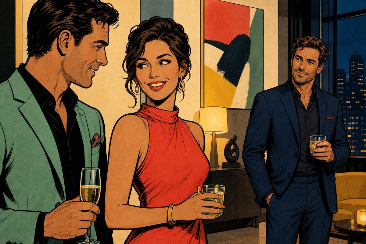 An adult woman receives another adult man’s attention while her partner watches with a knowing expression.