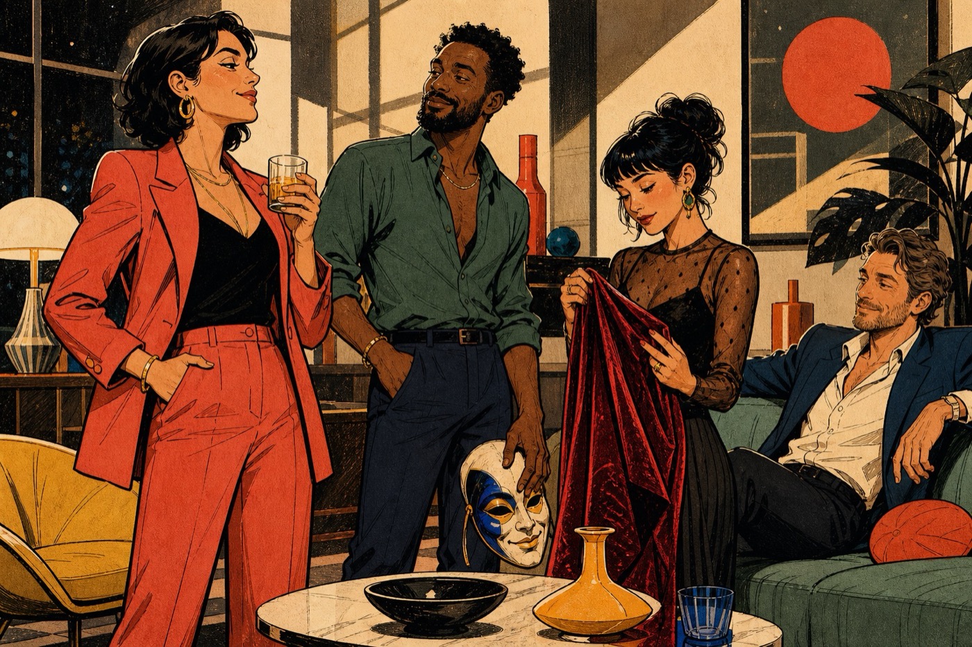 Four clearly adult friends in a stylish lounge share a playful, curious conversation around theatrical textures and a mask