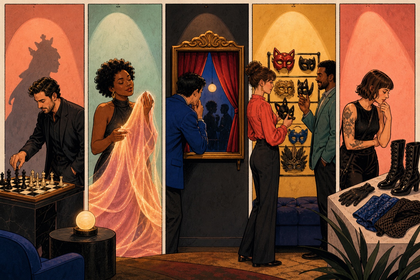 Five art-gallery panels show chess for roles, glowing fabric for sensation, an observer at a theatrical frame, adults choosing masks, and a display of textured fashion objects