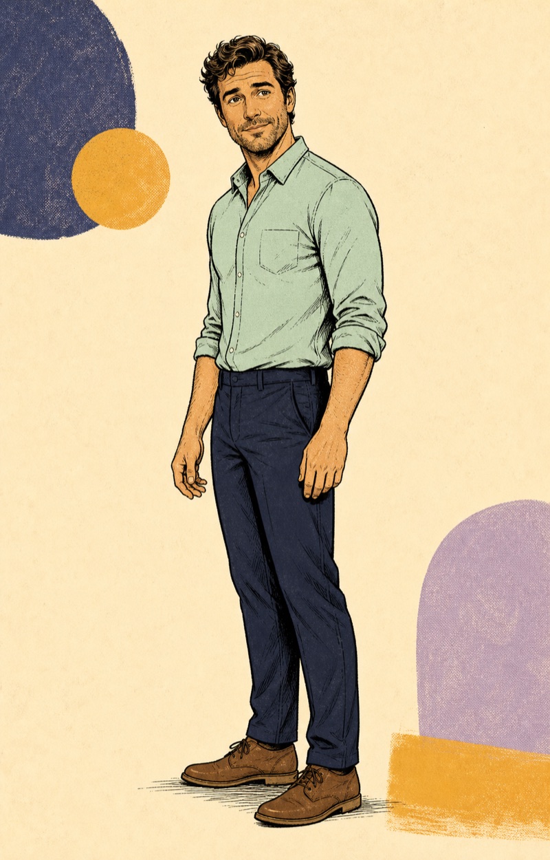 A fully clothed adult man stands in a relaxed three-quarter pose for an annotated attraction map