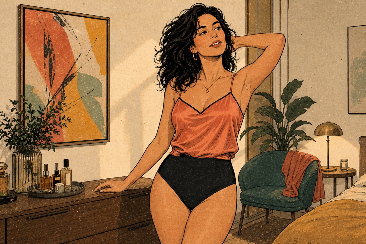 A clearly adult woman poses confidently in a satin camisole and high-waisted briefs in a warm bedroom