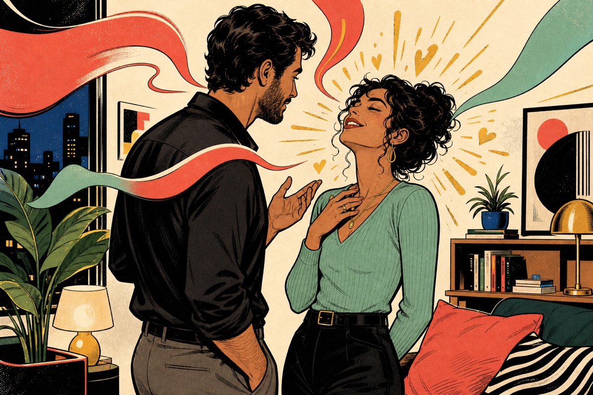 A fully clothed adult couple in a living room as colorful speech ribbons make one partner light up