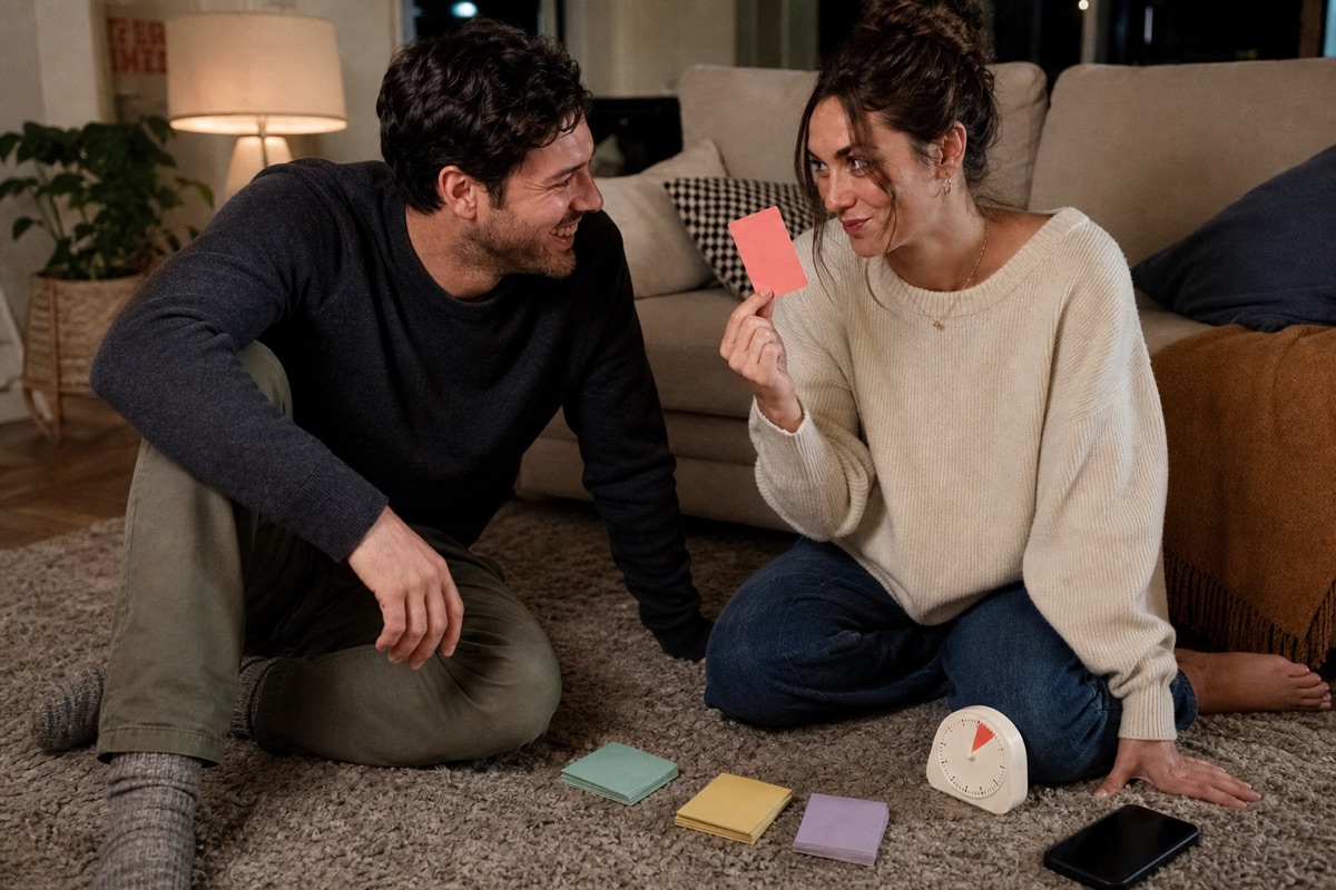 A clearly adult couple sharing a playful look on a living-room rug as one partner holds a blank coral prompt card beside a timer and colored card piles