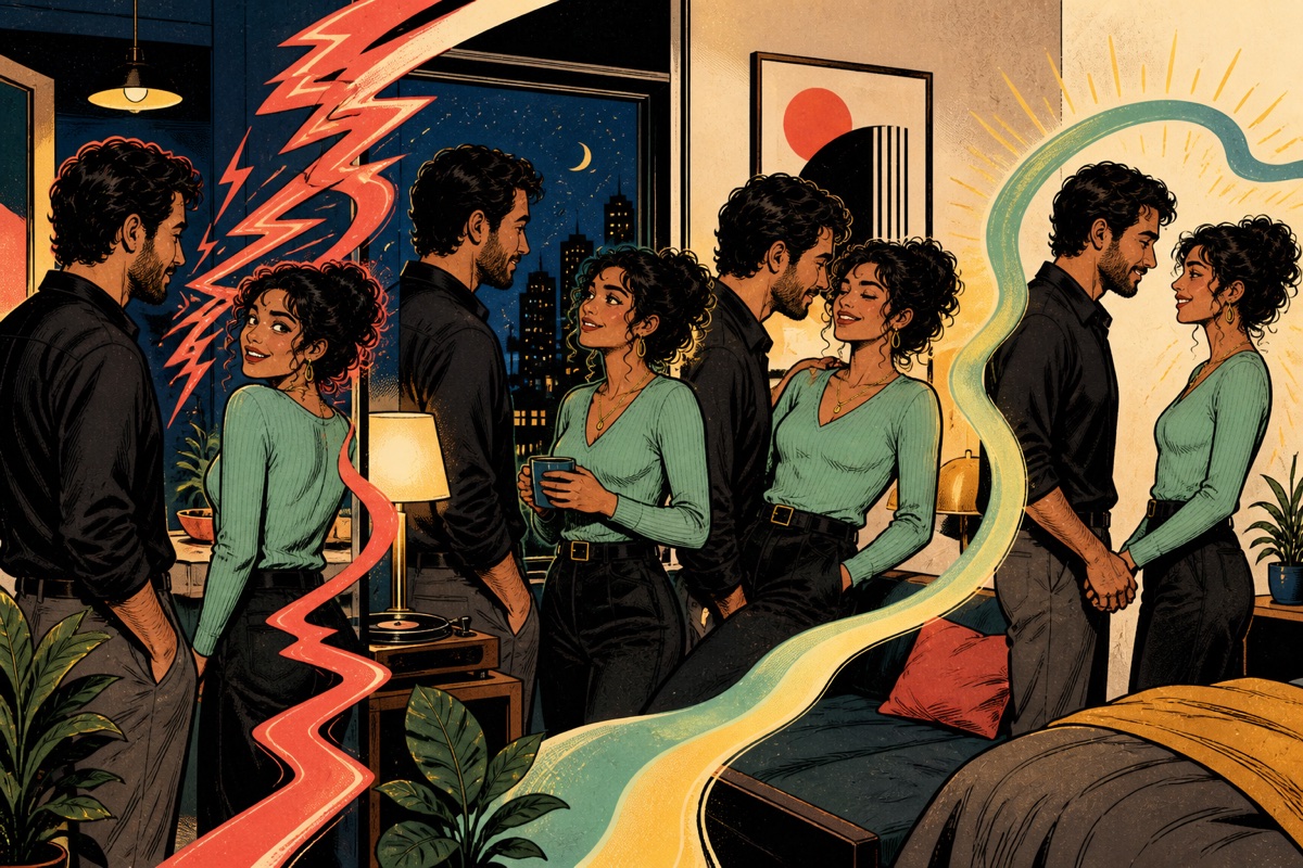 A comic sequence of the same fully clothed adult couple showing one sudden spark and one gradually warming path to desire