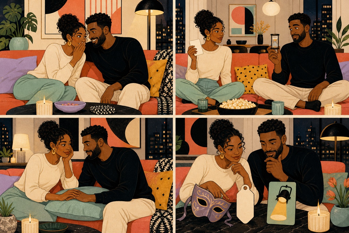 Four illustrated scenes of the same adult couple whispering, using a timer, meeting hands over a cushion, and choosing theatrical props