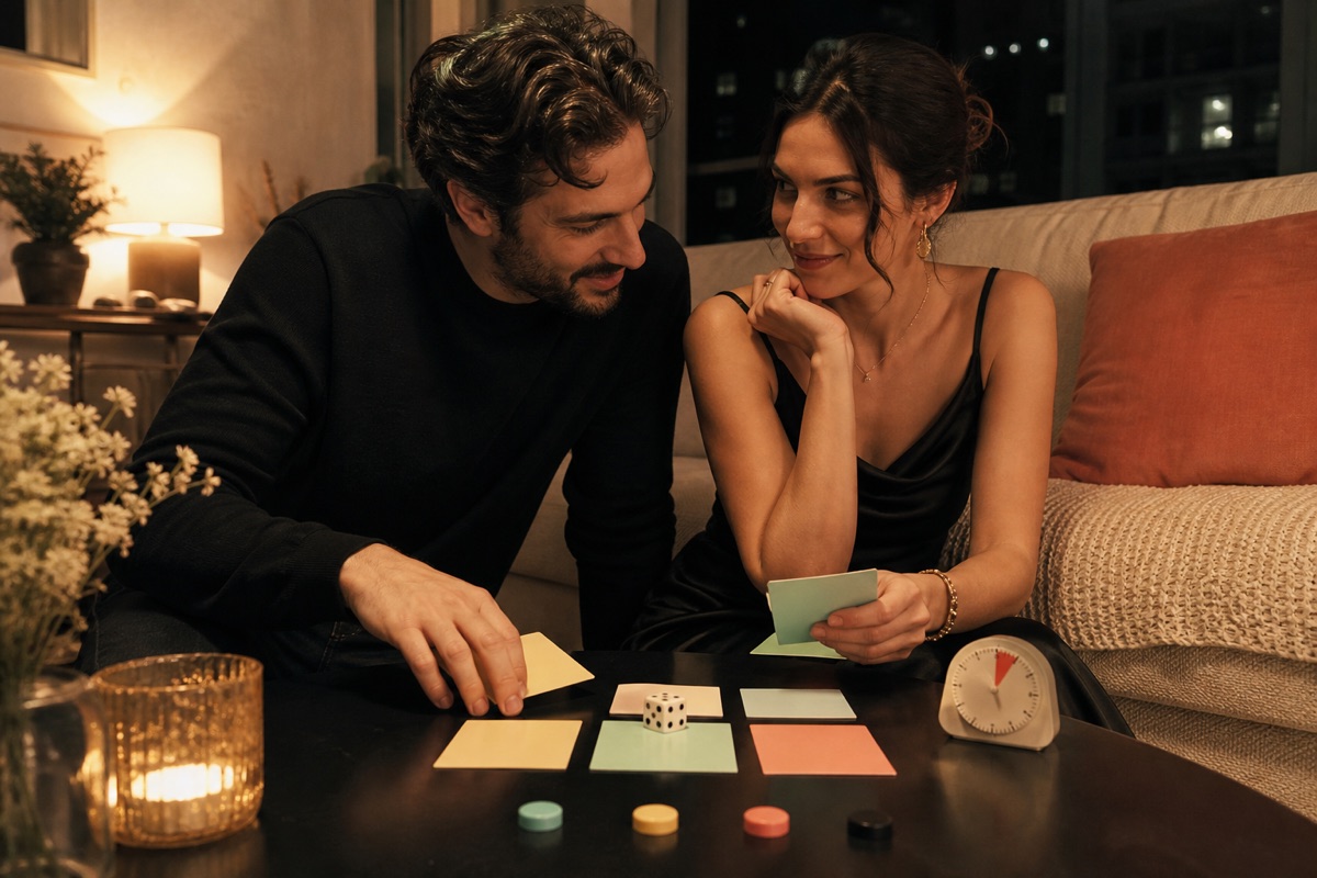 A clearly adult couple smiling over blank cards, a die, colored tokens, and a timer during a playful date night