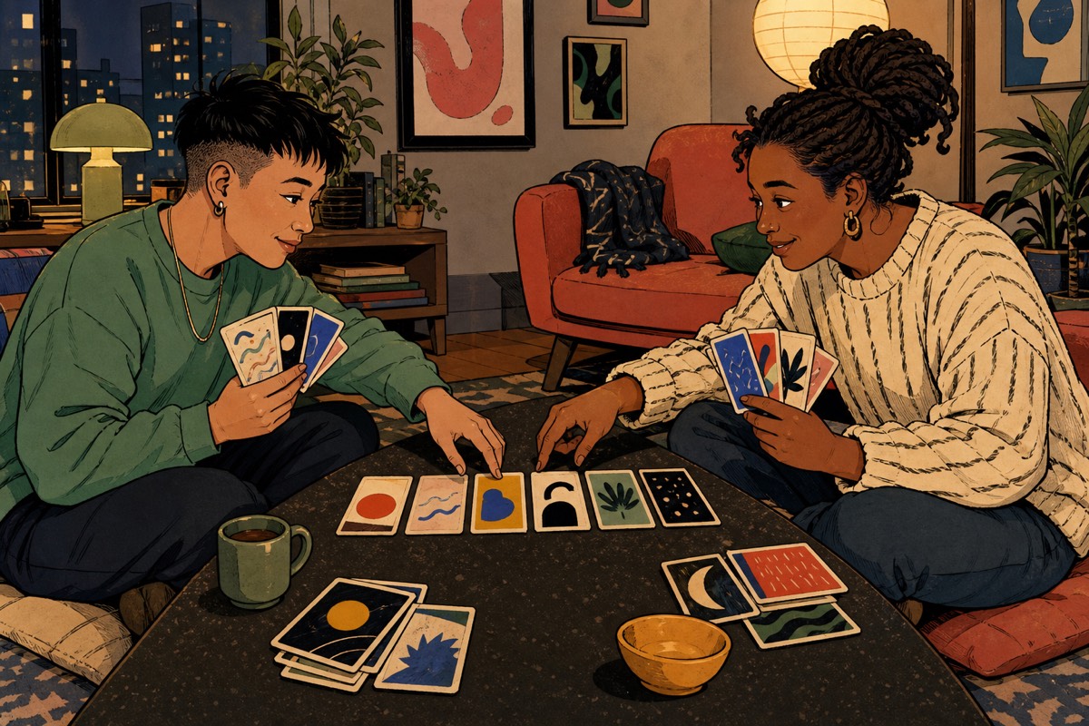 Two fully clothed adult partners compare different sets of abstract cards and arrange a shared row together