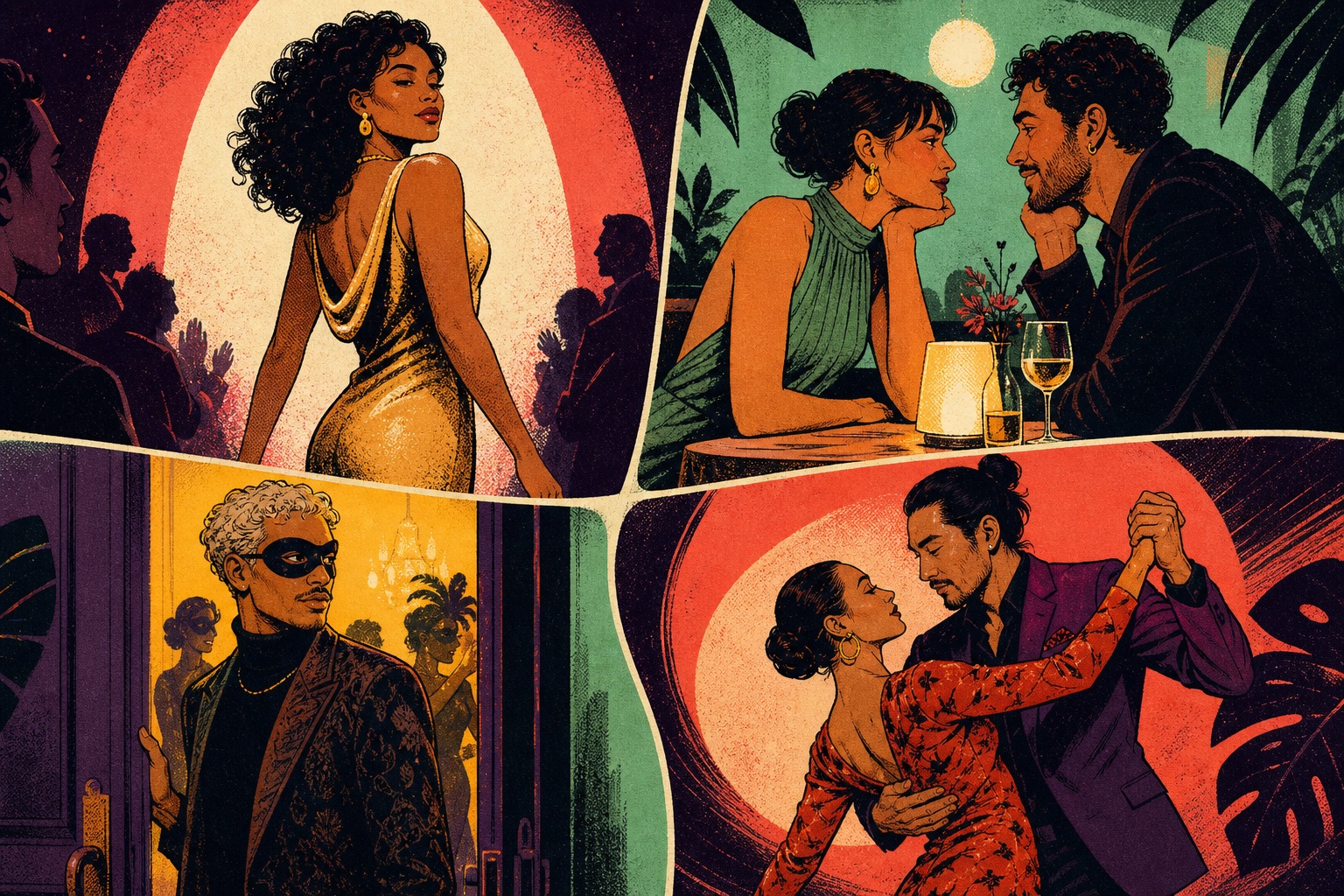 Four stylish scenes with clearly adult people show being admired under a spotlight, focused romantic attention, entering a masquerade, and a confident lead-and-follow dance