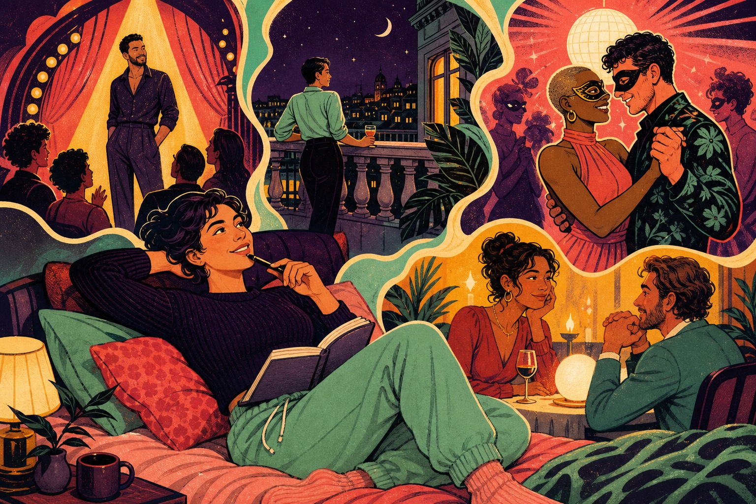 A clearly adult person relaxes with a notebook while imagined scenes of a spotlight, night travel, masked dancing, and romantic attention unfold around them