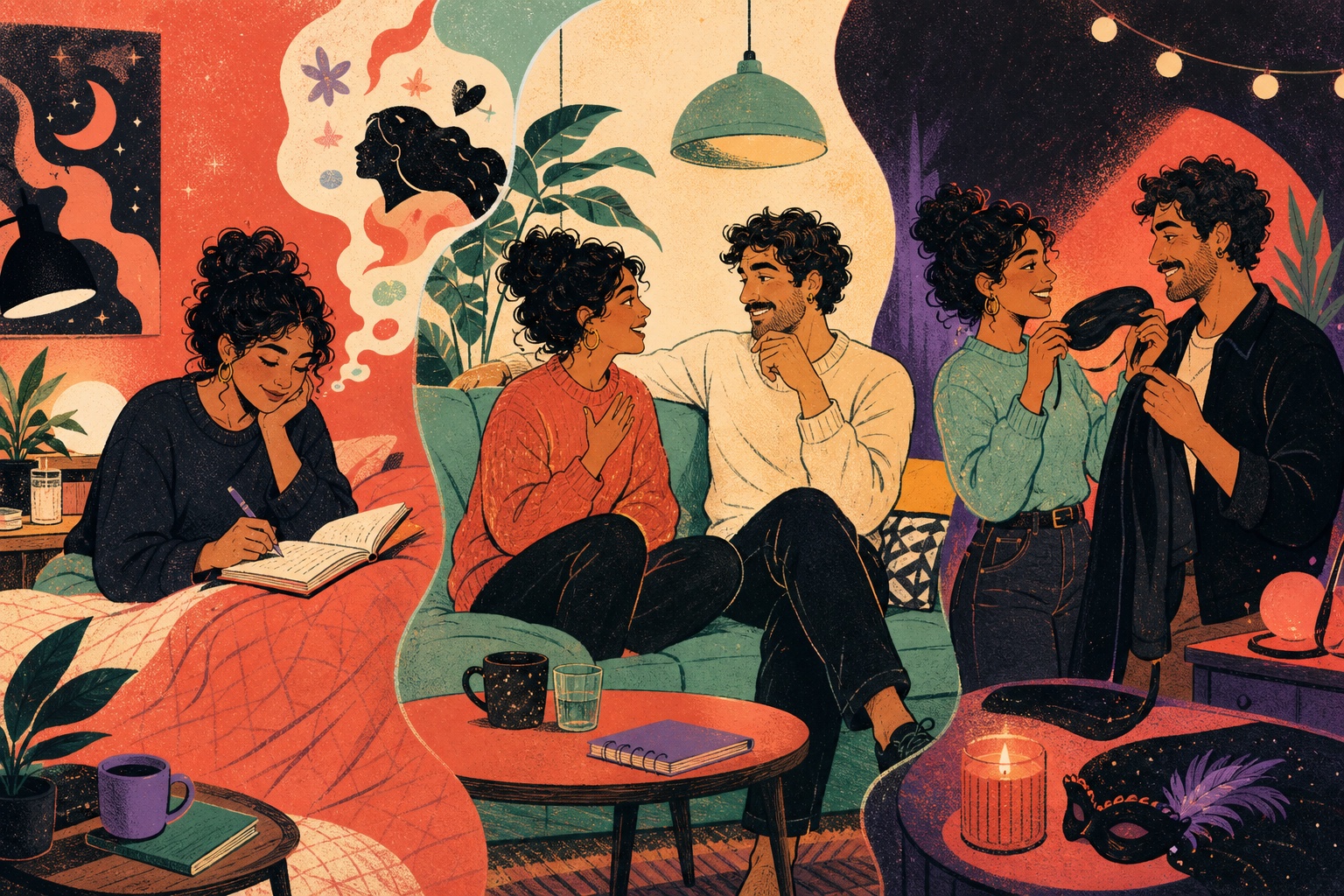 Three connected scenes show a clearly adult person privately journaling, two adult partners talking on a sofa, and the couple playfully preparing masks and mood lighting together