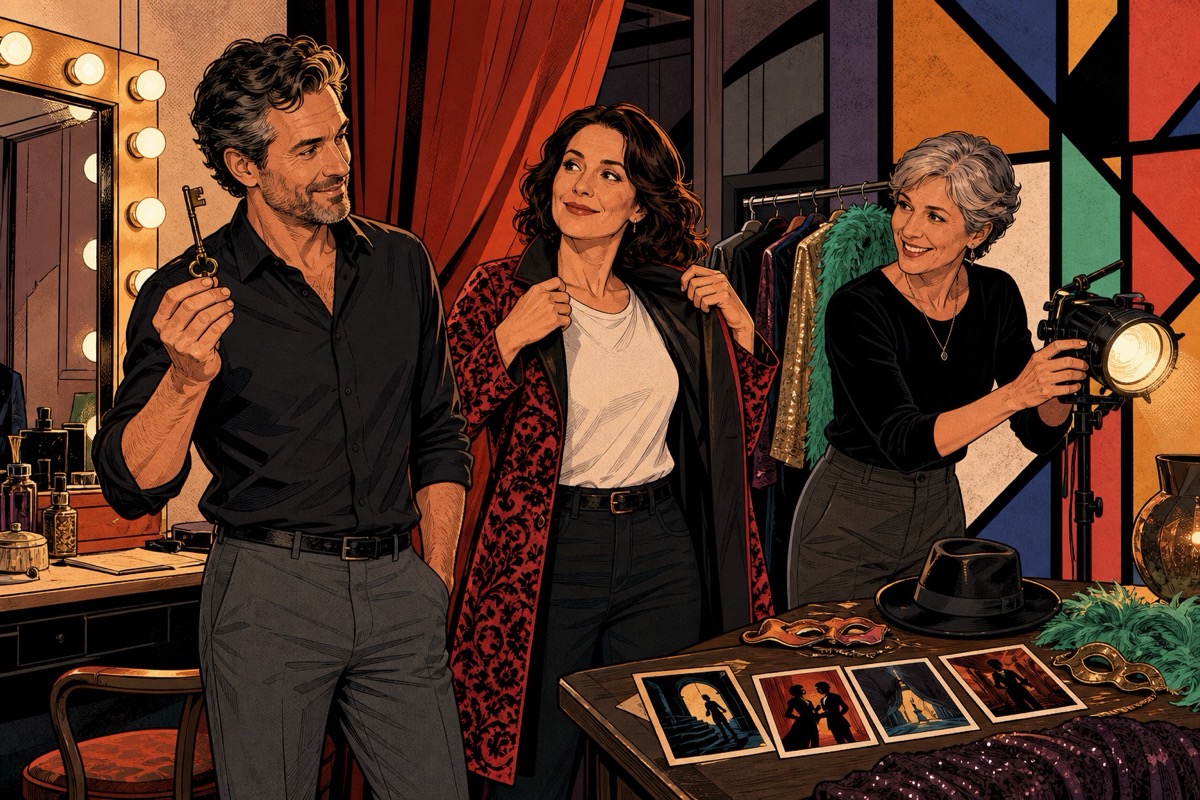 Three clearly adult people in a theatrical dressing room choosing costumes and discussing a scene