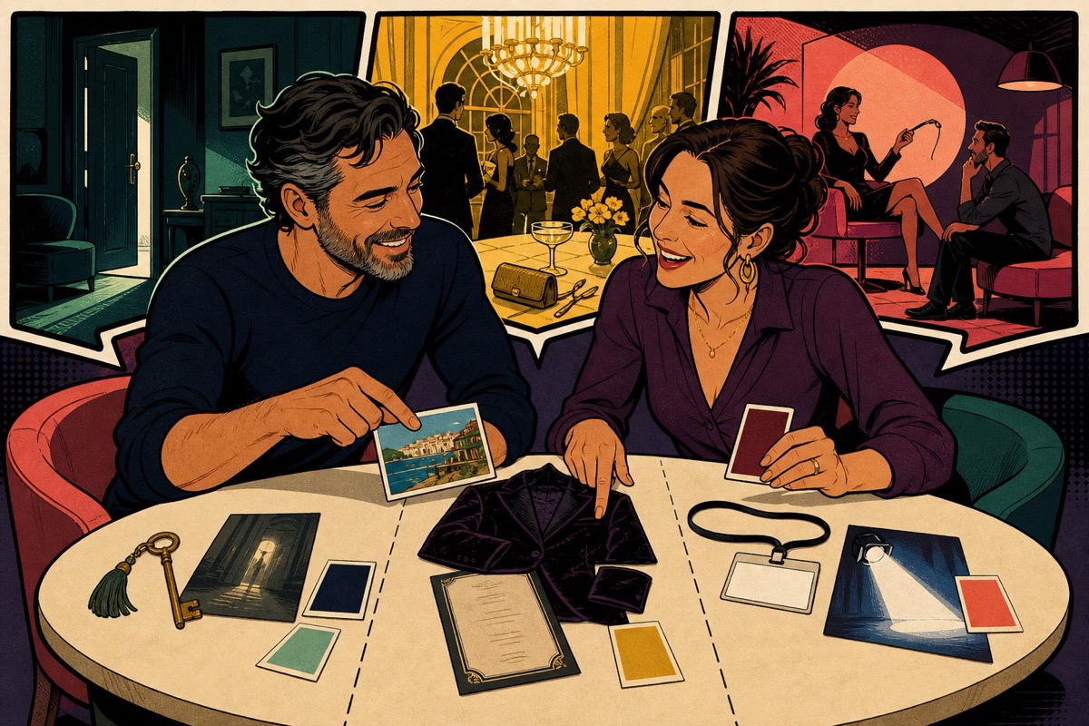 Two clearly adult people at a table planning a roleplay scene with colorful cards, arrows, and scene notes