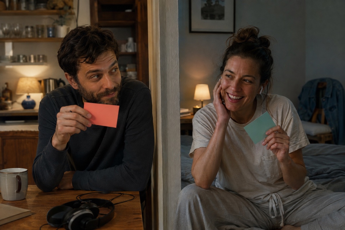 Two clearly adult partners in separate homes smiling during a call while each holds a blank colored choice card
