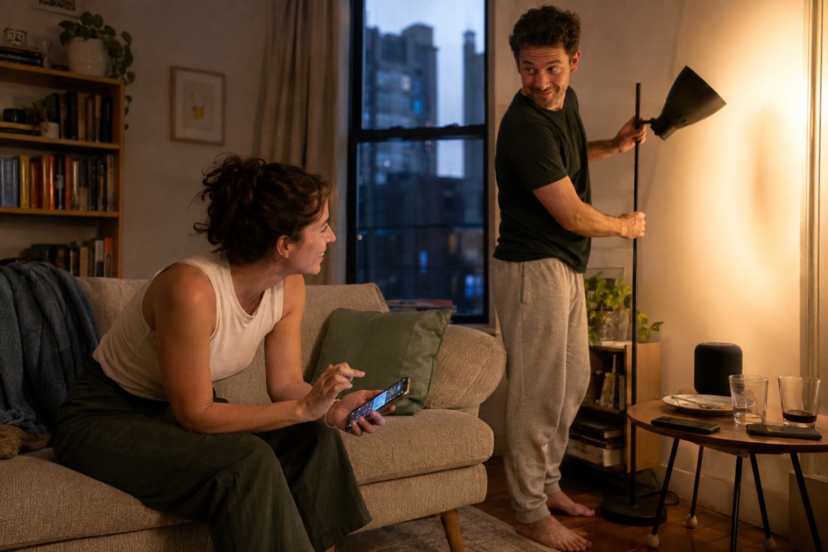 A clearly adult couple changing the lighting and choosing music in their lived-in apartment after dinner
