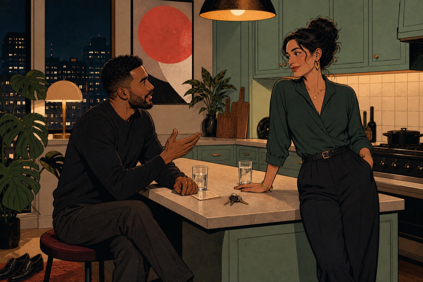 An adult couple talk warmly at their kitchen counter after an evening out