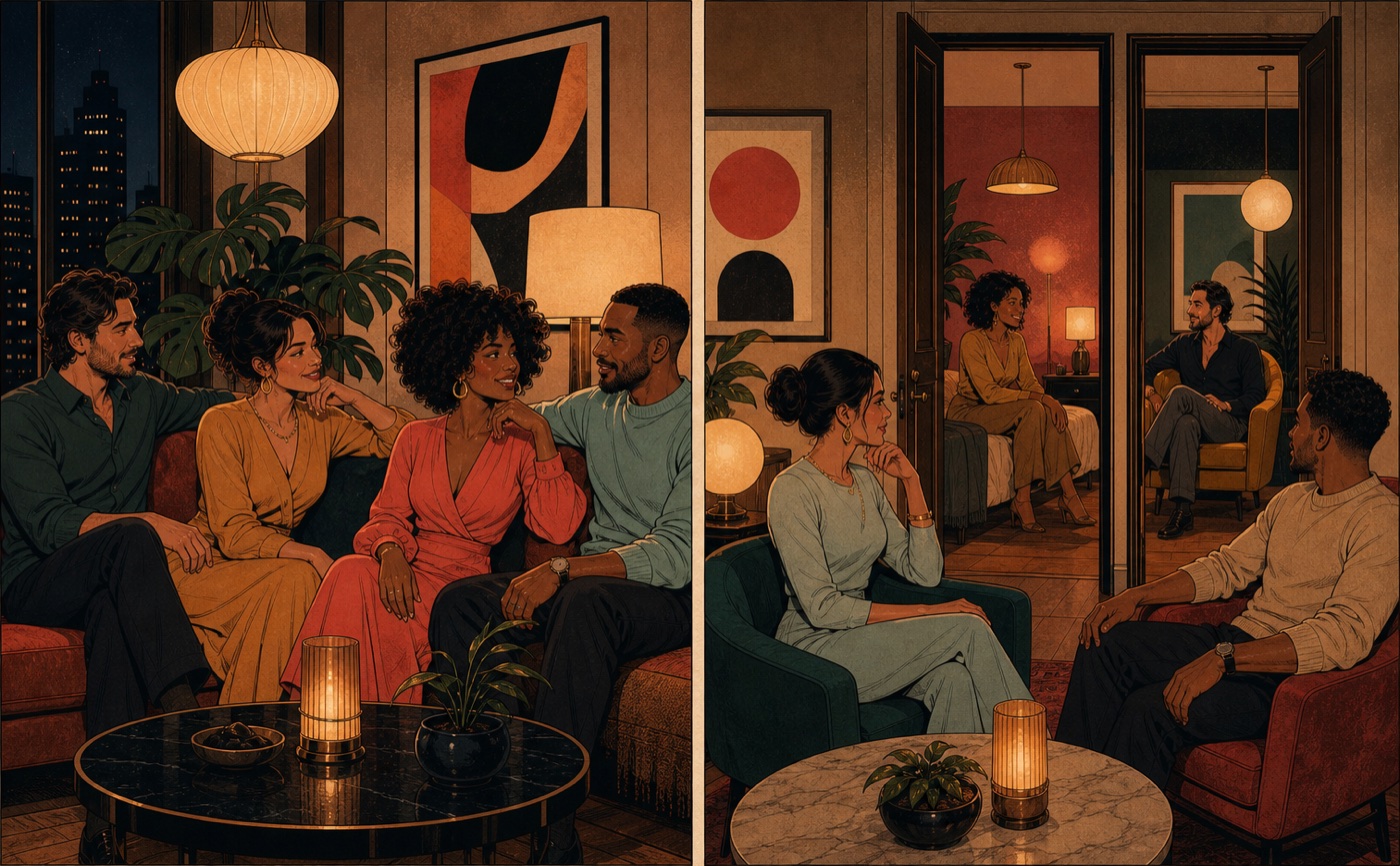 A two-panel illustration contrasts four adults sharing one lounge with four adults divided between two adjoining rooms
