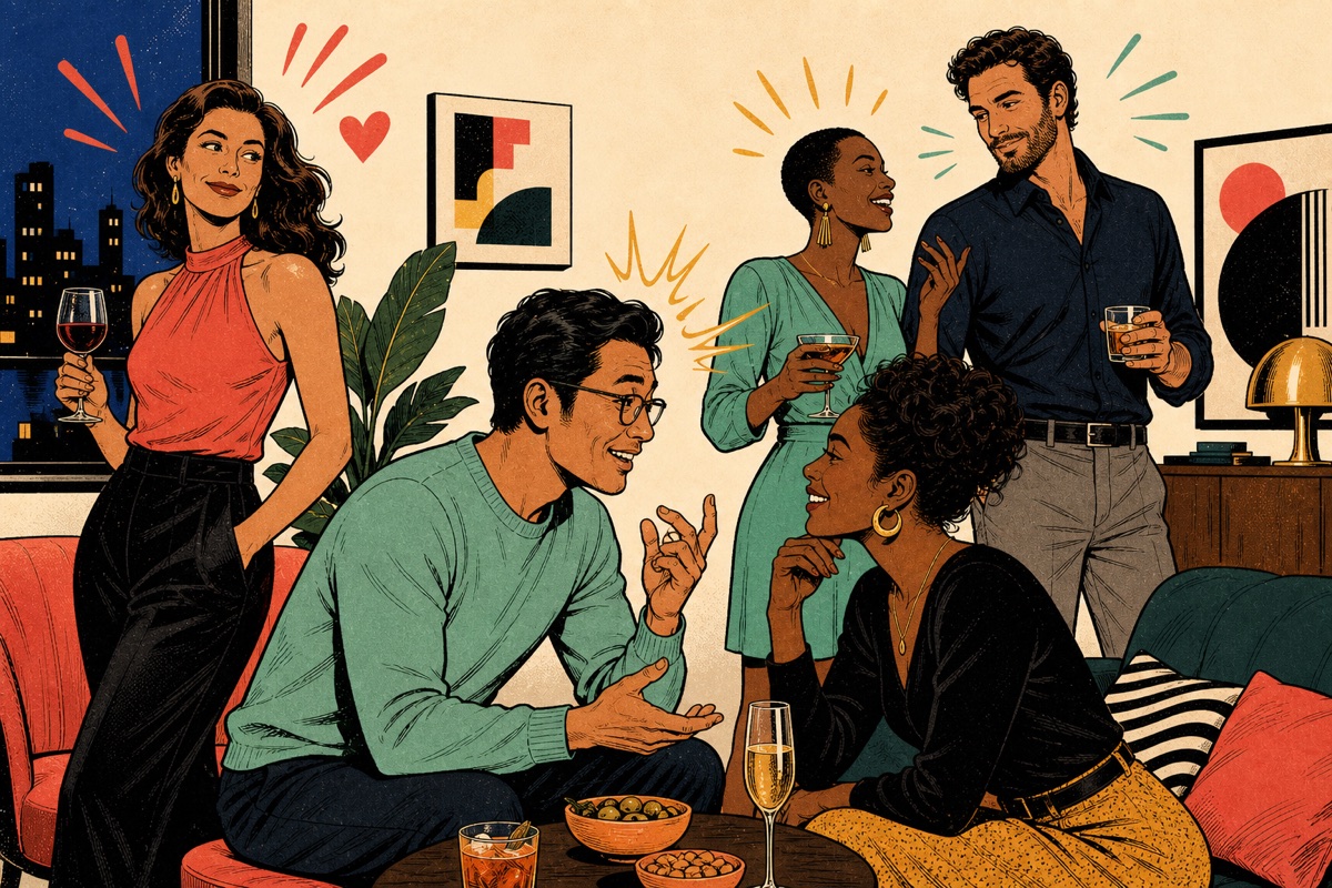 Four fully clothed adult people at a party exchange interested looks and animated conversation