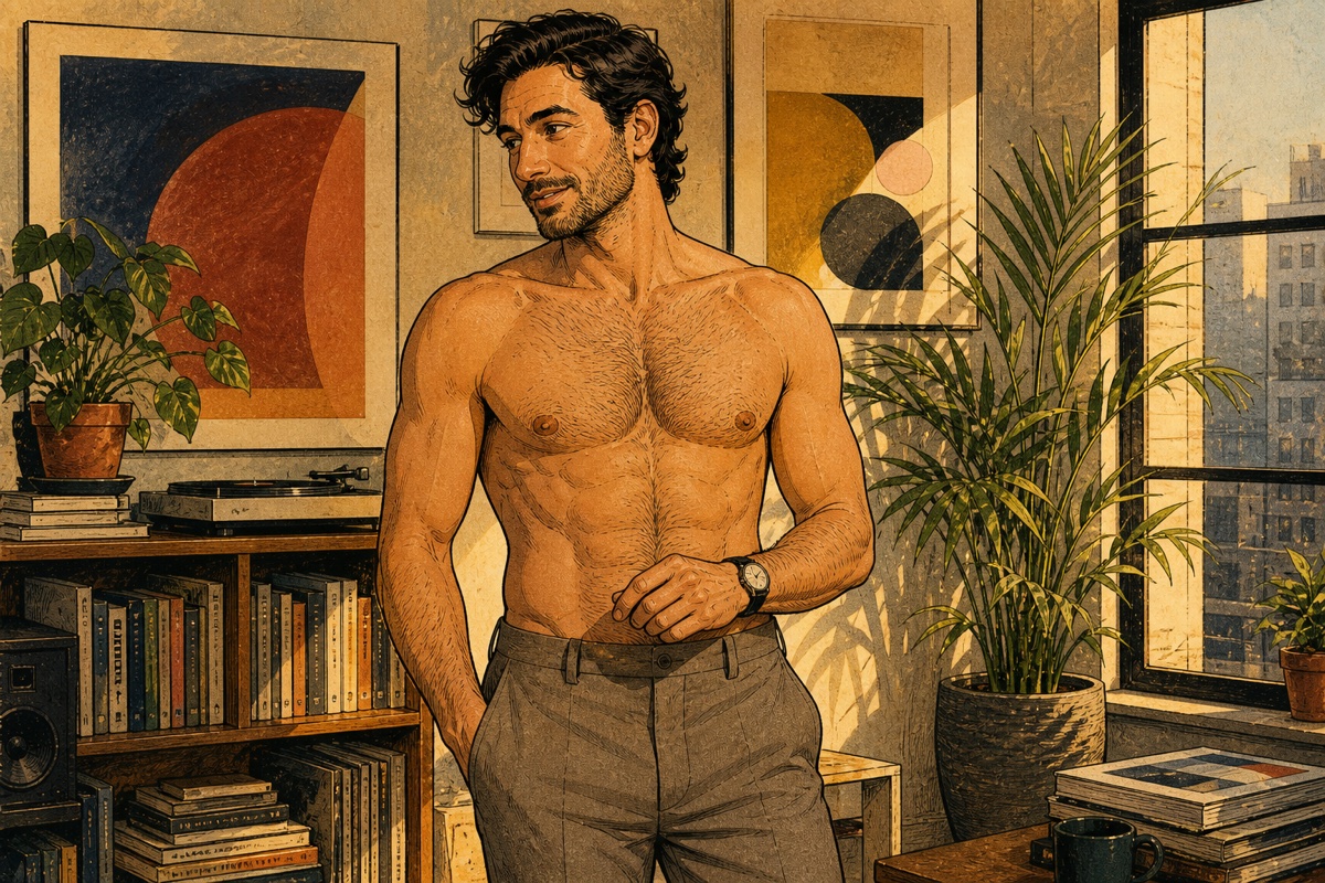 A clearly adult shirtless man stands confidently in relaxed trousers in a warm apartment